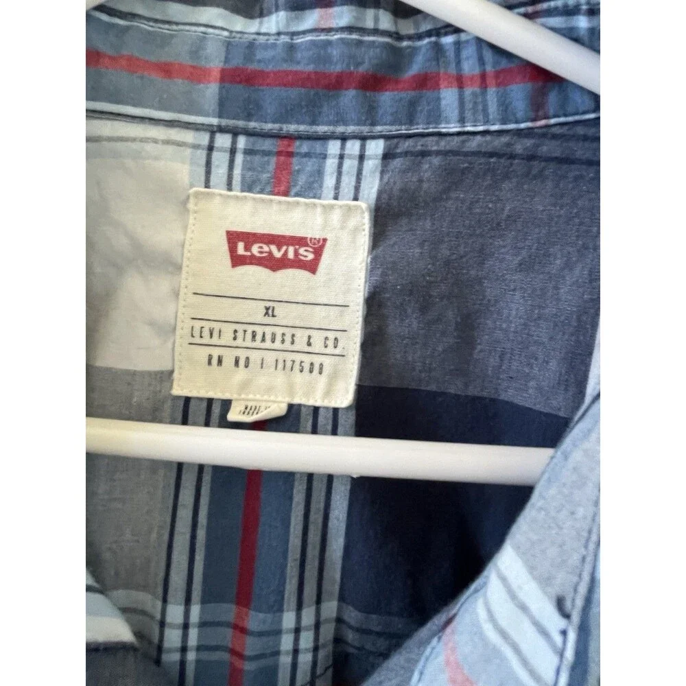 Levi's Men's  Polo Shirt XL  Plaid Blue White Short Sleeve Button-down Cotton